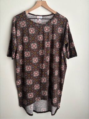 LuLaRoe Irma Tunic Top Small Geometric Mosaic Print High Low Boho Soft Stretch